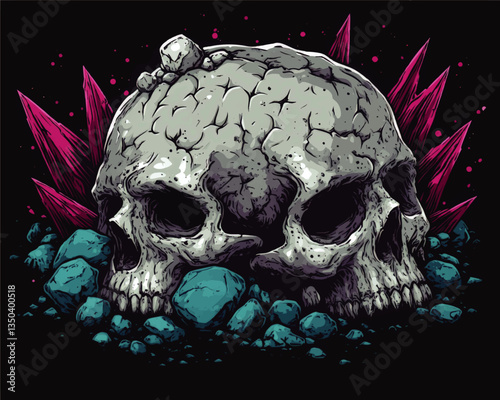 Mysterious Skull Vector Art with Purple Crystals and Blue Rocks: Gothic and Fantasy Illustration for Dark Themed Designs and Tattoo Ideas