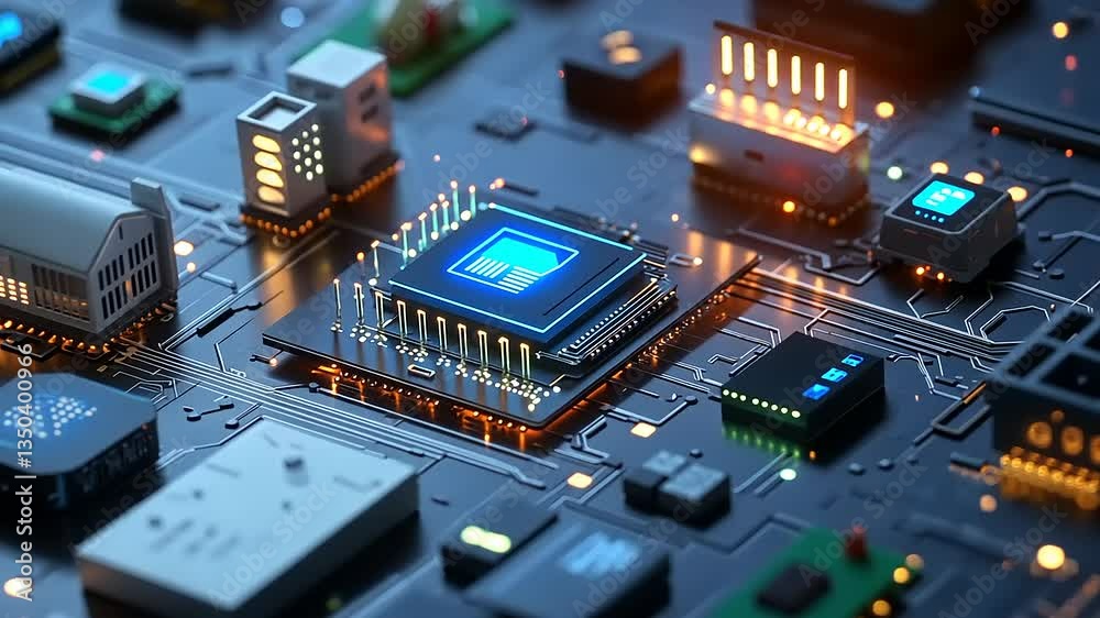 Close-up view of a futuristic microprocessor on a circuit board with glowing components and technology