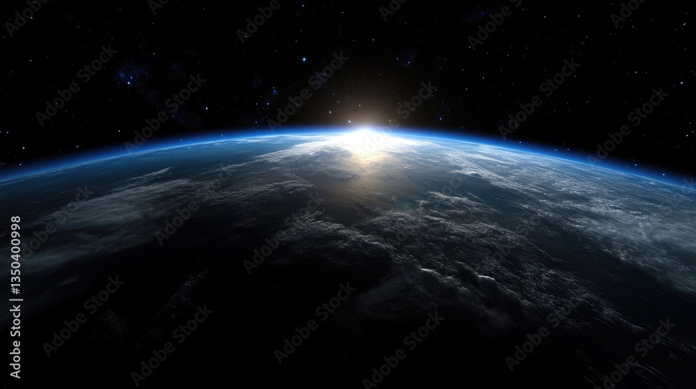 Obraz premium Earth rising, sunrise from space. Vast expanse of space, our planet, clouds, stars, cosmic view, breathtaking