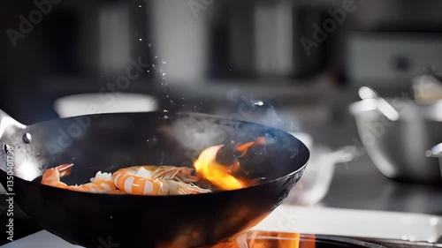 Cooking With Fire in a Professional Kitchen While Preparing a Delicious Dish in a Wok