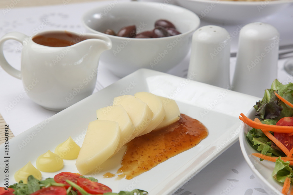 Appetizer on plate - cheese with jam and salad served on the restaurant table. Appetizer on plate - cheese with jam and salad served on the restaurant table.