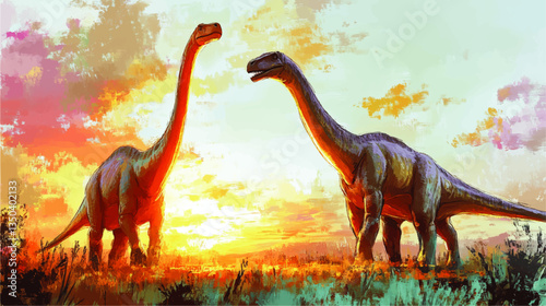 Stunning Vector Illustration of Two Sauropod Dinosaurs at Sunset - Serene Prehistoric Landscape with Vibrant Colors and Majestic Creatures in Natural Habitat