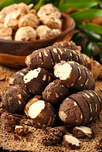 Arrangement of whole and sliced arrowroot on burlap for microstock