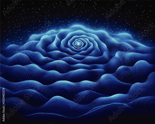 Mesmerizing Abstract Vector Art of Blue Waves with Cosmic Starry Night Sky and Hypnotic Spiral Patterns - Ideal for Posters, Wall Art, and Digital Designs