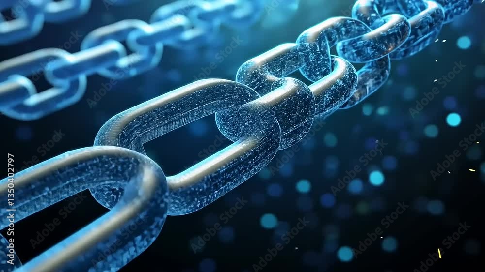 Close-up view of a shimmering blue chain link with a bokeh background, symbolizing strength and connection