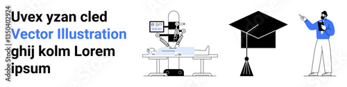 Robotic arm performing surgery on patient, graduation cap symbolizing education, and instructor delivering a lecture. Ideal for healthcare, innovation, technology, education, training, guidance