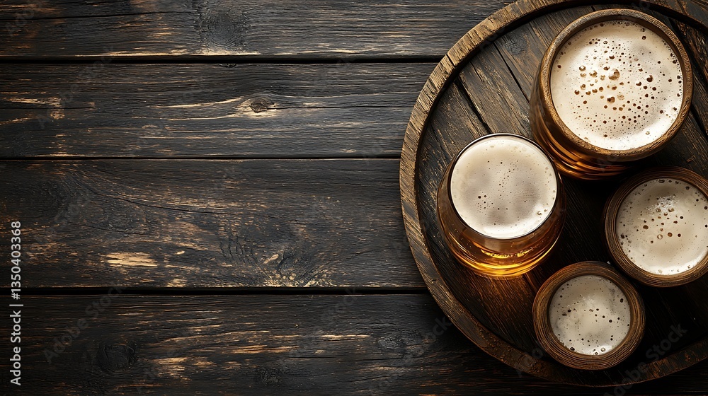 Frothy beer in various glasses on a wooden tray. Frothy beer in various glasses on a wooden tray.