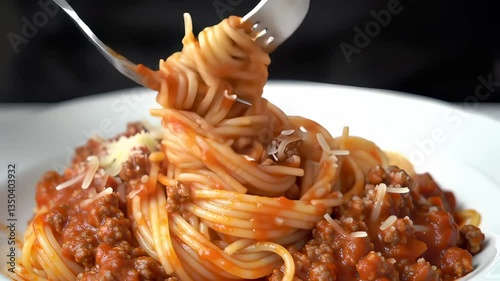 Delicious Spaghetti With Meat Sauce Served on a White Plate Garnished With Cheese in a Cozy Dining Environment