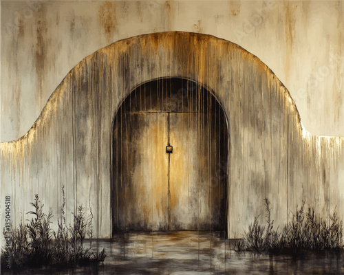 Elegant Archway Design with Weathered Gold Patina on Modern Concrete Wall Featuring Detailed Grass, Water Reflections, and Artistic Textures in Vector Illustration