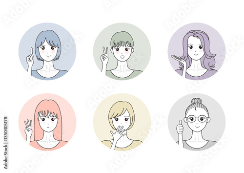 人物アイコンセット（女性6人・手つき・まる型）