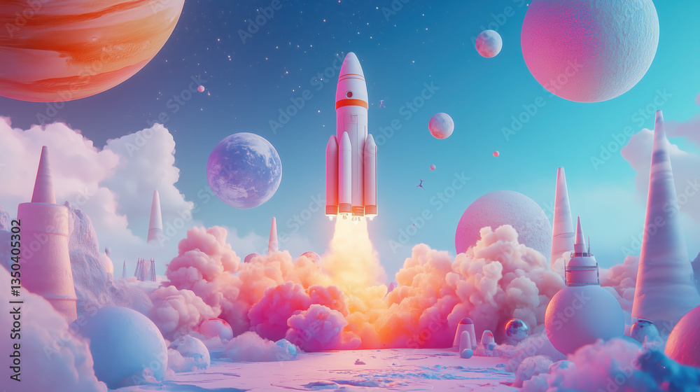 Fototapeta premium 3D Model of a Rocket Launching into Space with Exhaust Transforming into a Galaxy of Stars, Surrounded by Planets and Satellites, Featuring Futuristic Textures