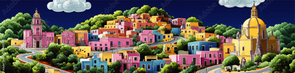 Obraz premium Vibrant Mexican Town Vector Art with Colorful Colonial Architecture, Scenic Hills, and Lush Greenery Ideal for Travel and Culture Enthusiasts