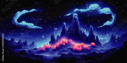Stunning Sci-Fi Vector Art of Alien World with Bioluminescent Coral and Starry Sky with Clouds and Unique Terrain for Space Themed Design and Imagination Inspiration