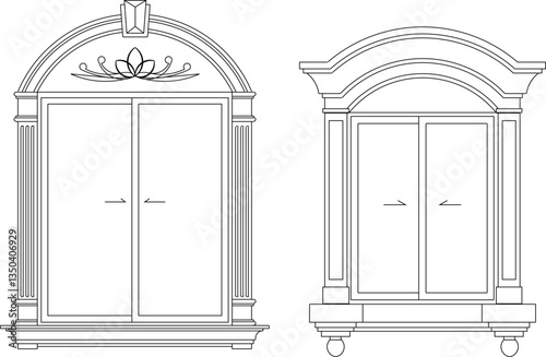 vector sketch illustration silhouette of colonial window design with pergola and canopy classic vintage european model with wide glass 