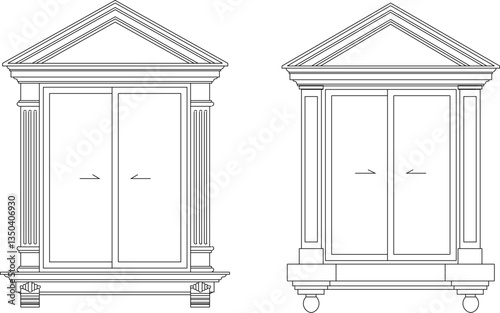 vector sketch illustration silhouette of colonial window design with pergola and canopy classic vintage european model with wide glass 
