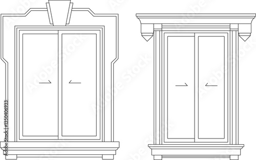 vector sketch illustration silhouette of colonial window design with pergola and canopy classic vintage european model with wide glass 