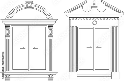 vector sketch illustration silhouette of colonial window design with pergola and canopy classic vintage european model with wide glass  