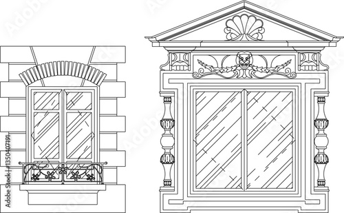 vector sketch illustration silhouette of colonial gothic renaissance window design with pergola and canopy classic vintage european model  