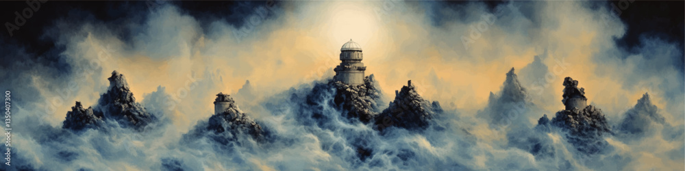 Atmospheric Lighthouse on Rugged Peaks Amid Enveloping Mist and Twilight Hues—Mystical Vector Art of Mountains and Clouds in Dreamlike Landscape Atmospheric Lighthouse on Rugged Peaks Amid Enveloping Mist and Twilight Hues—Mystical Vector Art of Mountains and Clouds in Dreamlike Landscape