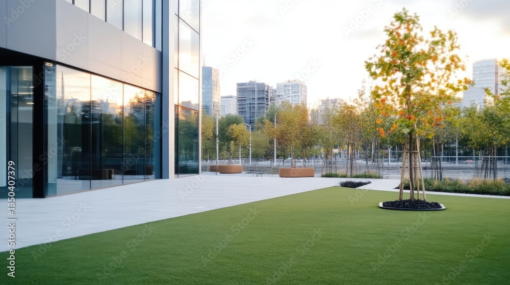 Obraz premium Modern office building exterior with landscaped outdoor space