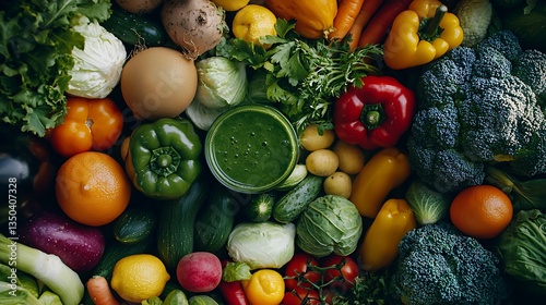 Refreshing green juice accompanied by a colorful array vegetables and fruits.
