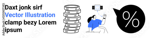 Woman reviewing phone beside stacked coins and percentage icon. Ideal for finance, investment, savings, budgeting, banking, digital payments, simple landing page