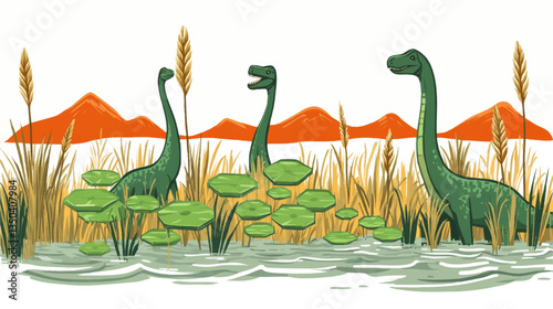 Explore a Serene Dinosaur Marshland Vector Scene with Three Brachiosaurus Surrounded by Lush Reeds and Lily Pads against Majestic Mountains in Prehistoric Landscape