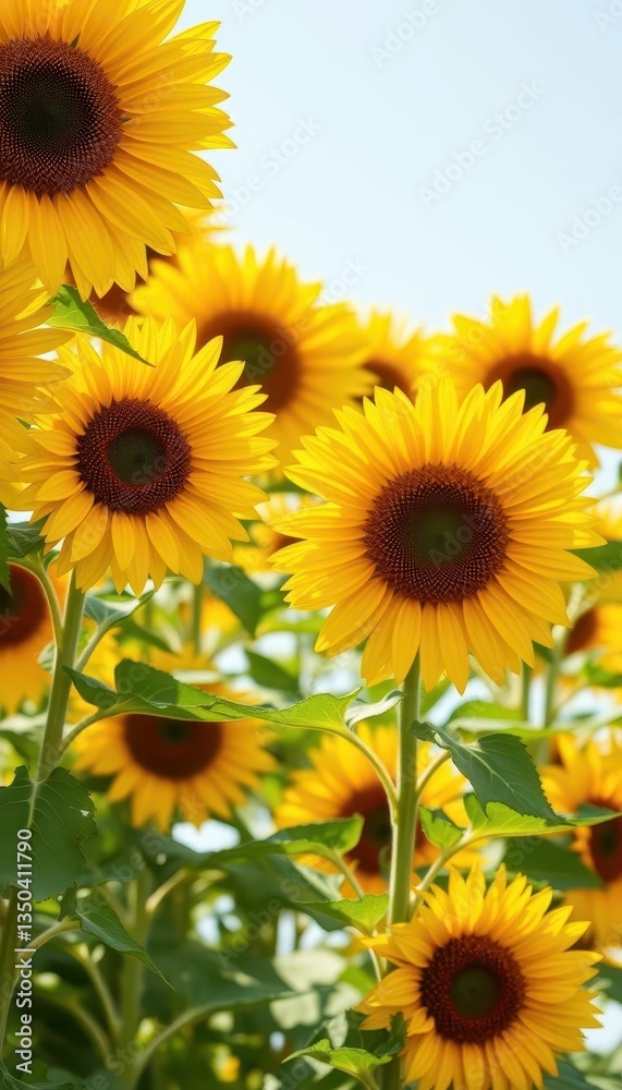 Obraz premium Vibrant yellow sunflowers fill the frame, creating a sunny, cheerful background, blossom, golden