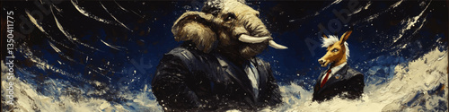 Dynamic Political Satire Vector Art with Elephant and Donkey in Suits in Abstract Blue Background Depicting Bipartisan Symbolism with Artistic Brush Strokes
