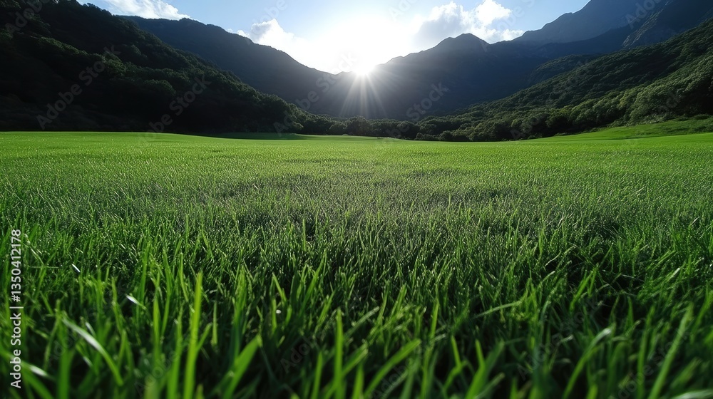Obraz premium Lush green meadow stretches to mountains, sun shining through