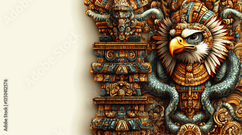 Intricate Aztec Art Vector Featuring Majestic Eagle and Snake Symbolism, Elaborate Stone Carvings, and Rich Ornamental Details, Perfect for Cultural Design Exploration