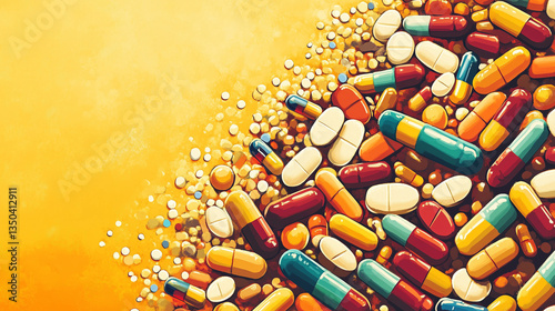 an illustrated colorful, vivid and warm wallpaper packed with pills of different shapes and colors, glass vials and medical drugs scattered only at the borders of the image