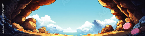 Stunning Vector Illustration of Coastal Cave with Expansive Ocean View, Majestic Rocky Cliffs, Blue Skies, White Clouds, and Unique Pink Rocks