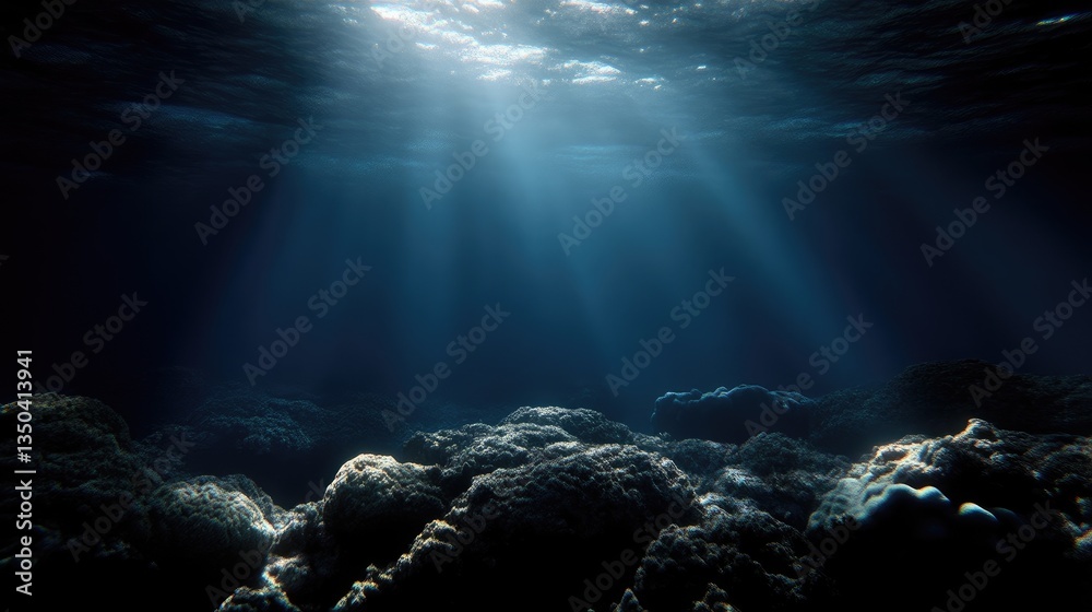 Underwater scene, sunlight beams through dark water. Coral reefs, marine environment Underwater scene, sunlight beams through dark water. Coral reefs, marine environment