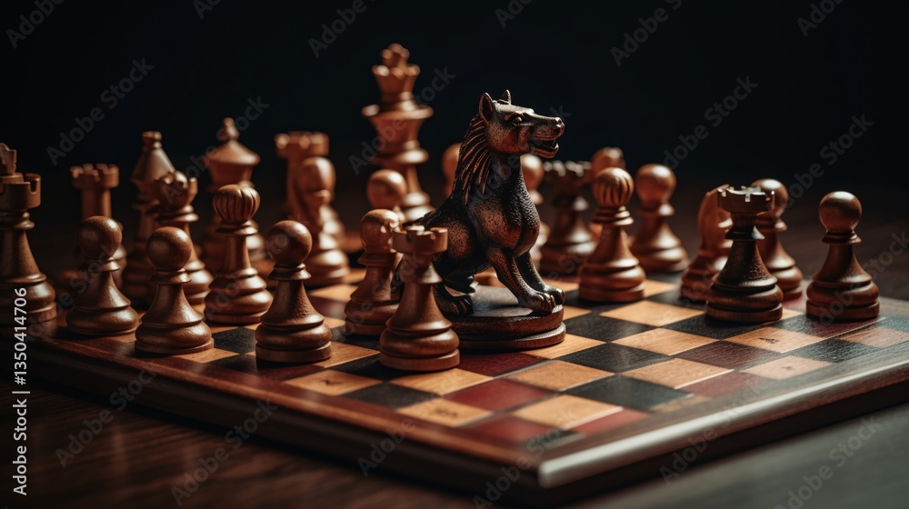 Chessboard Displaying a Distinctive Dog Piece Amongst the Set of Traditional Wooden Game Components Chessboard Displaying a Distinctive Dog Piece Amongst the Set of Traditional Wooden Game Components
