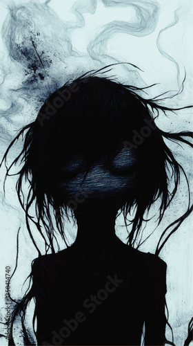 Mysterious Dark Silhouette with Haunting Black Hair Against Dreamy Abstract Blue Background - Surreal Fantasy Illustration for Eerie Art and Creative Design Inspiration