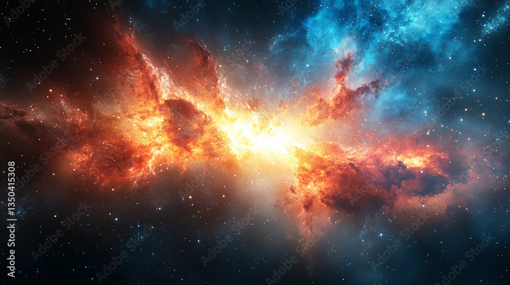 Naklejka premium A bright light explodes in the dark universe, symbolizing new beginnings and endless possibilities, creating a vivid blue horizon that represents hope and transformation