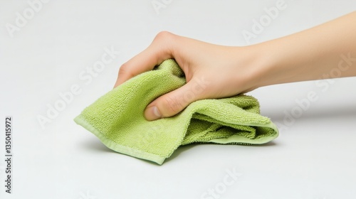 Hand holding and squeezing green microfiber cleaning cloth