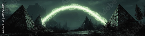 Mysterious Vector Art of Dark Pyramid Landscape with Glowing Energy Arc and Surreal Ancient Scene in Spooky Night Time Forest with Ominous Rocks and Mist