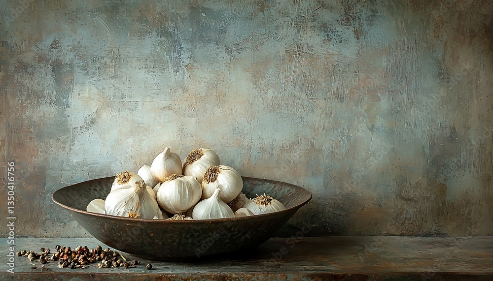 Rustic presentation fresh garlic bulbs and spices in a bowl, set against a textured backdrop. Rustic presentation fresh garlic bulbs and spices in a bowl, set against a textured backdrop.