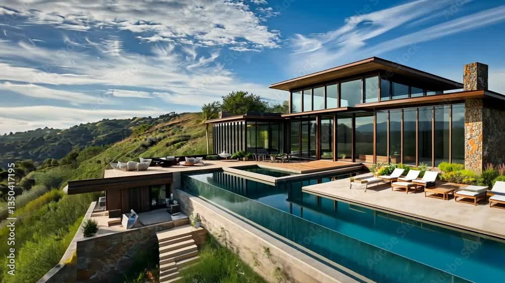 Modern hillside villa with infinity pool overlooking lush greenery and distant mountains Modern hillside villa with infinity pool overlooking lush greenery and distant mountains