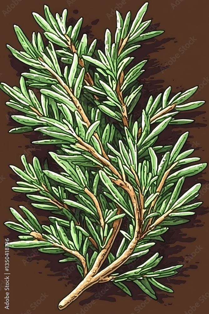 Stylized Rosemary sprigs illustration on a brown background color Stylized Rosemary sprigs illustration on a brown background color