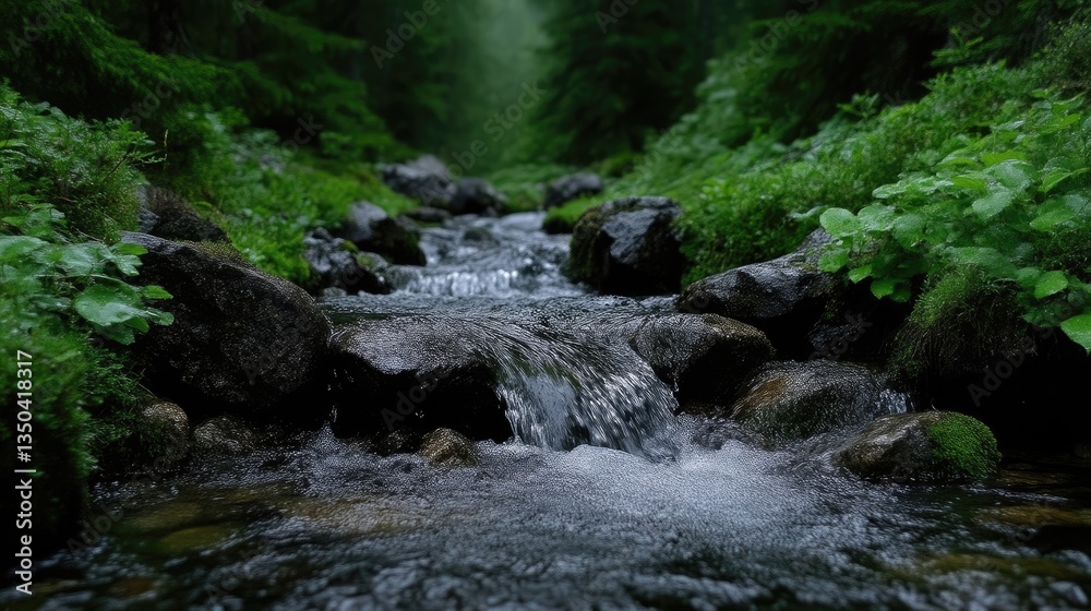 Refreshing mountain stream flowing over rocks in a lush forest Refreshing mountain stream flowing over rocks in a lush forest