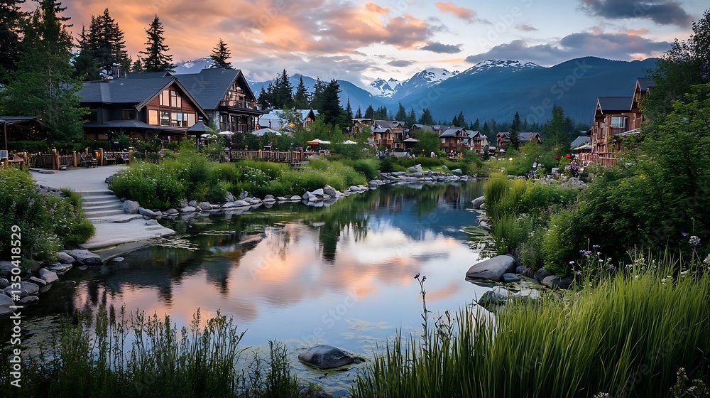 Fototapeta premium Mountain Village River Sunset Landscape