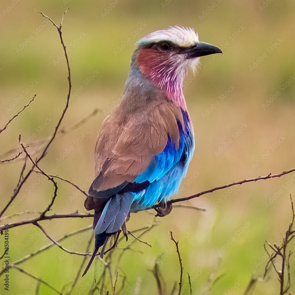 Fototapeta premium Lilac breasted roller perched on a branch in the African savanna