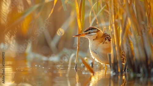 Little bittern hiding among tall reeds delicate brown white plumage blending into golden marshland soft natural reflections on the water
