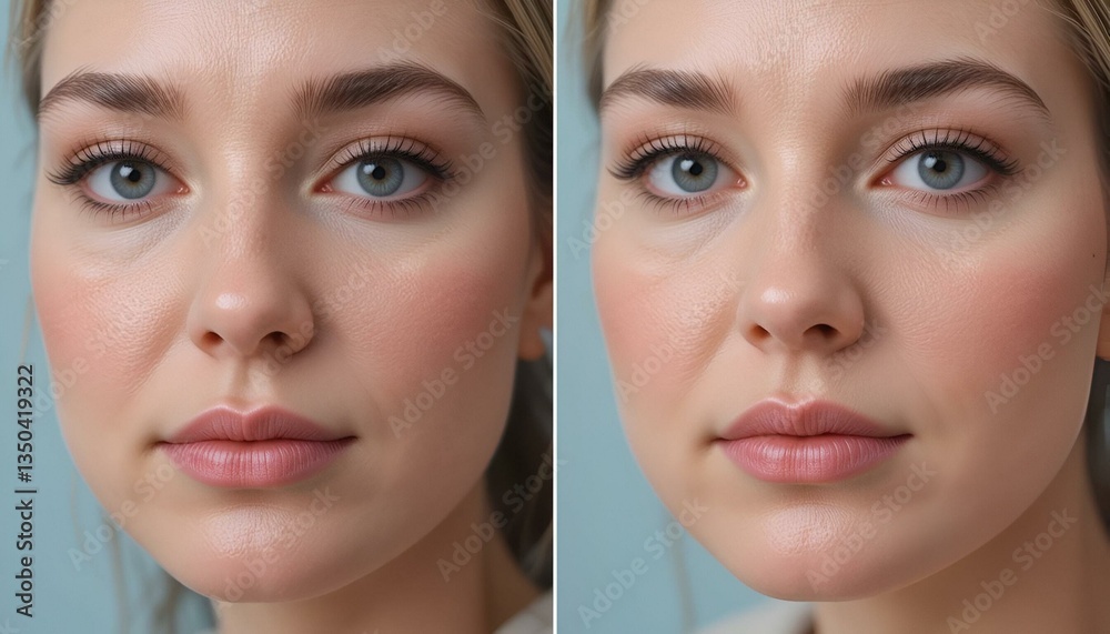 Close-up facial shot before and after facelift, showing significant changes in jawline definition and cheek fullness, Realistic, Soft Background, High Resolution Close-up facial shot before and after facelift, showing significant changes in jawline definition and cheek fullness, Realistic, Soft Background, High Resolution