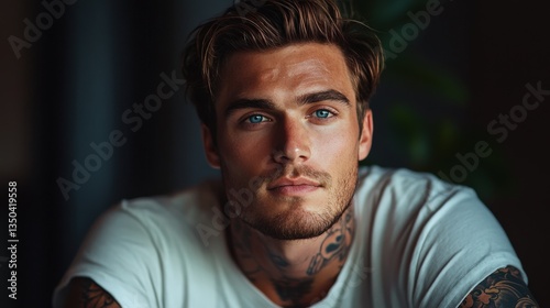 Thoughtful man with tattoos in a white t-shirt.