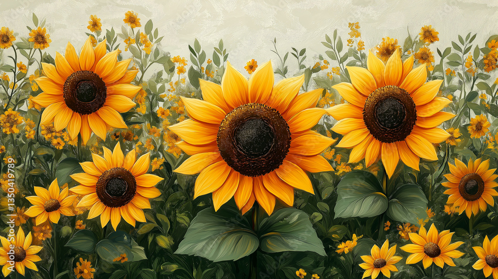 Fototapeta premium Bright sunflowers bloom vibrantly in a serene field, creating a cheerful atmosphere on a warm summer day