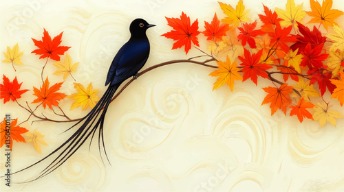 Elegant Vector Art of Long-tailed Bird Perched on Autumn Branch with Vibrant Red and Yellow Maple Leaves Against a Subtle Swirling Background Design
